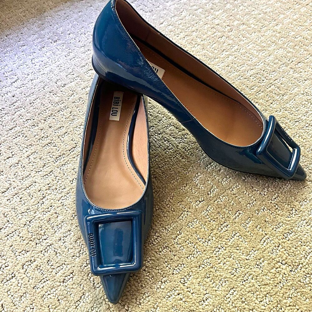 BibiLou Anthro Blue Patent Leather Pointed Toe Poznan Flat Buckle Sz 8.5/39 $189